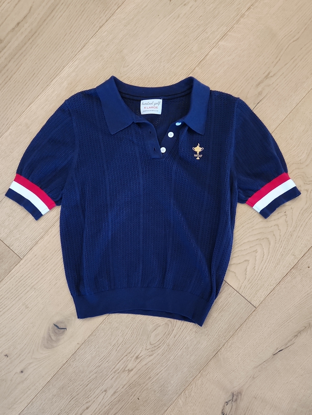 Boys Navy Polo Top with Red & White Stripe Cuffs